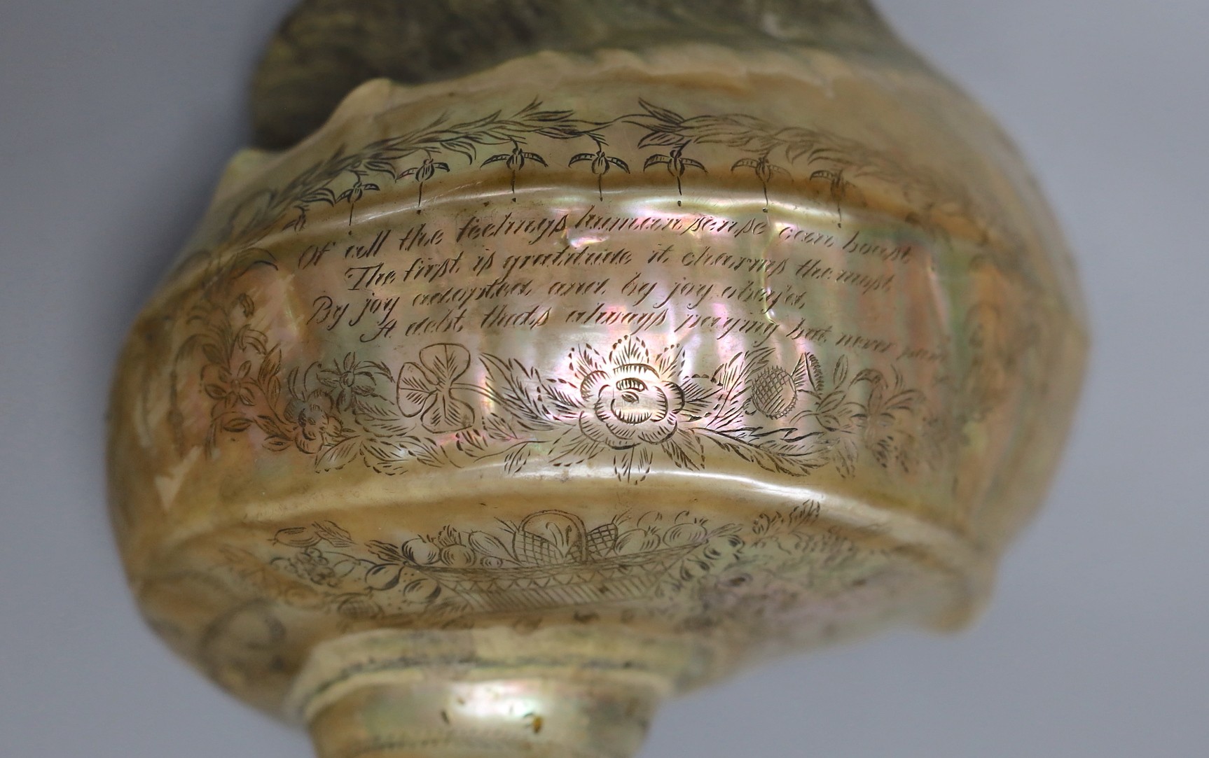 Two inscribed opalescent sea shells, both dated 1856